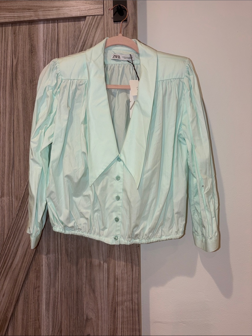 ZARA Light Mint Button-Front Blouse with Wide Collar